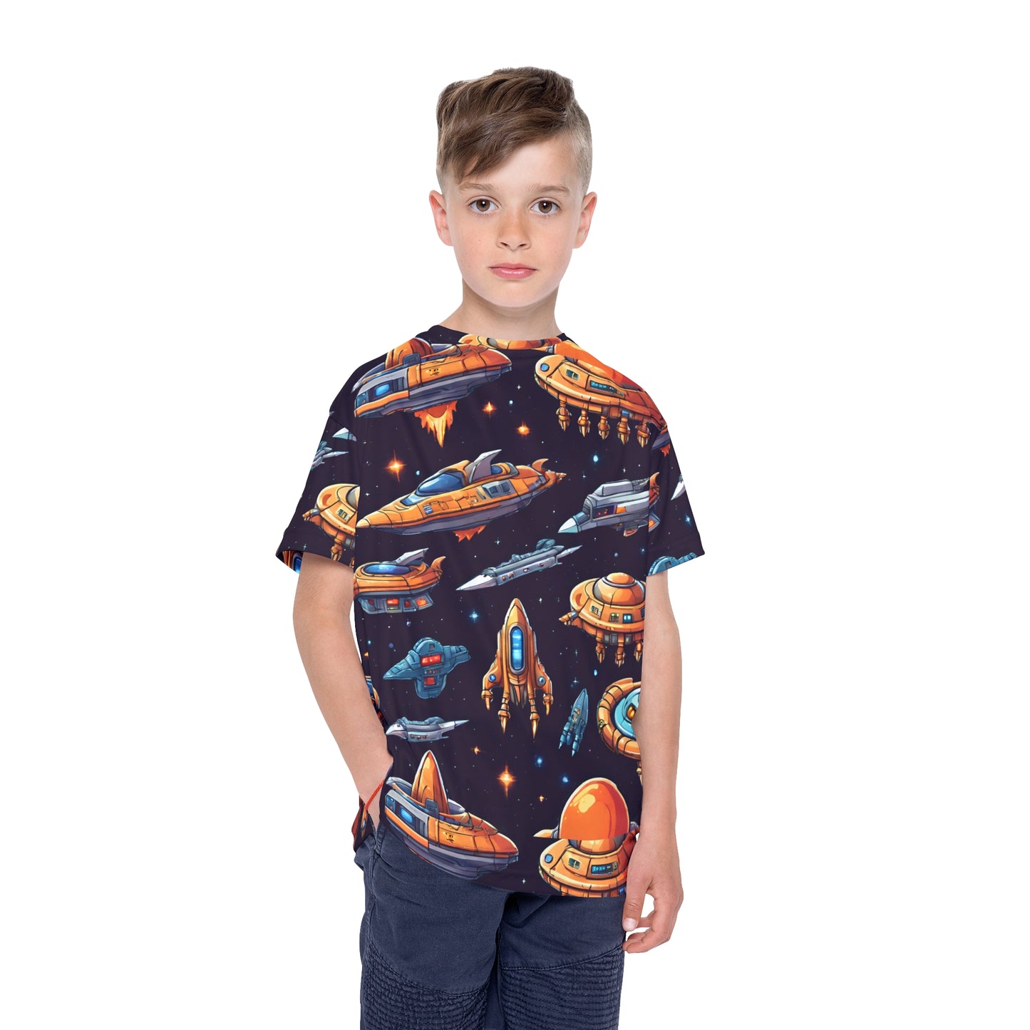 Launch into Playtime: All Over Print Kid Sport Jersey with Space Ships