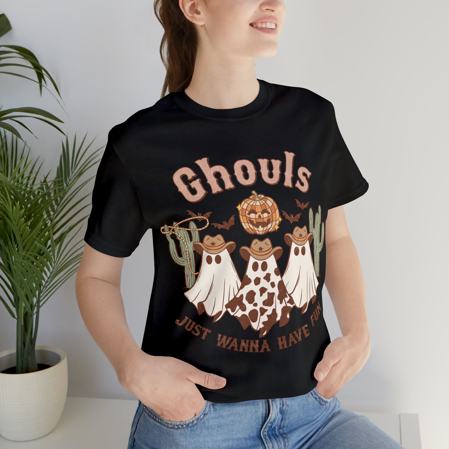 Ghouls Just wanna have fun Cowgirl Ghosts Retro Halloween Unisex Jersey Short Sleeve Tee Gifts for her