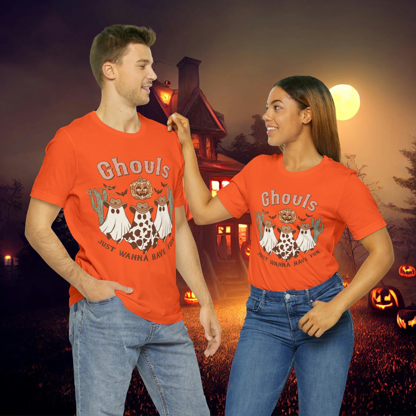 Ghouls Just wanna have fun Cowgirl Ghosts Retro Halloween Unisex Jersey Short Sleeve Tee Gifts for her