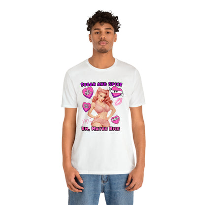 Sarcastic Elegance: Vintage Pink Pinup Girl "Sugar and Spice" on a Bella+Canva 3001 Unisex Jersey T-Shirt - A Must-Have Gift for her
