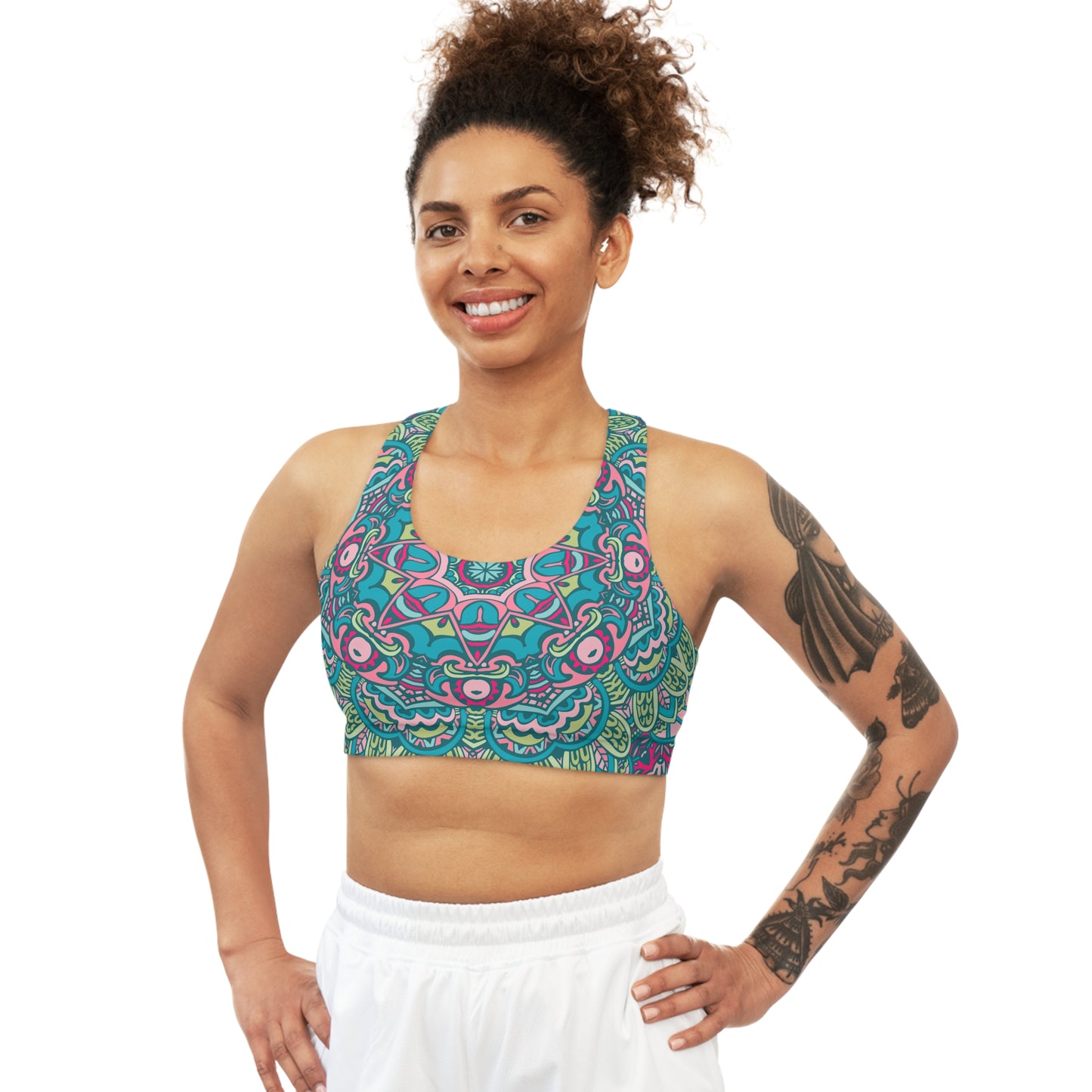 Boho Bliss: All Over Print Seamless Sports Bra with Green Boho Vibes