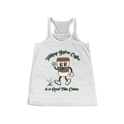 Women's Flowy Racerback Tank | Funny Coffee Lover Gift | True Crime Tee with Animated Coffee Cup"
