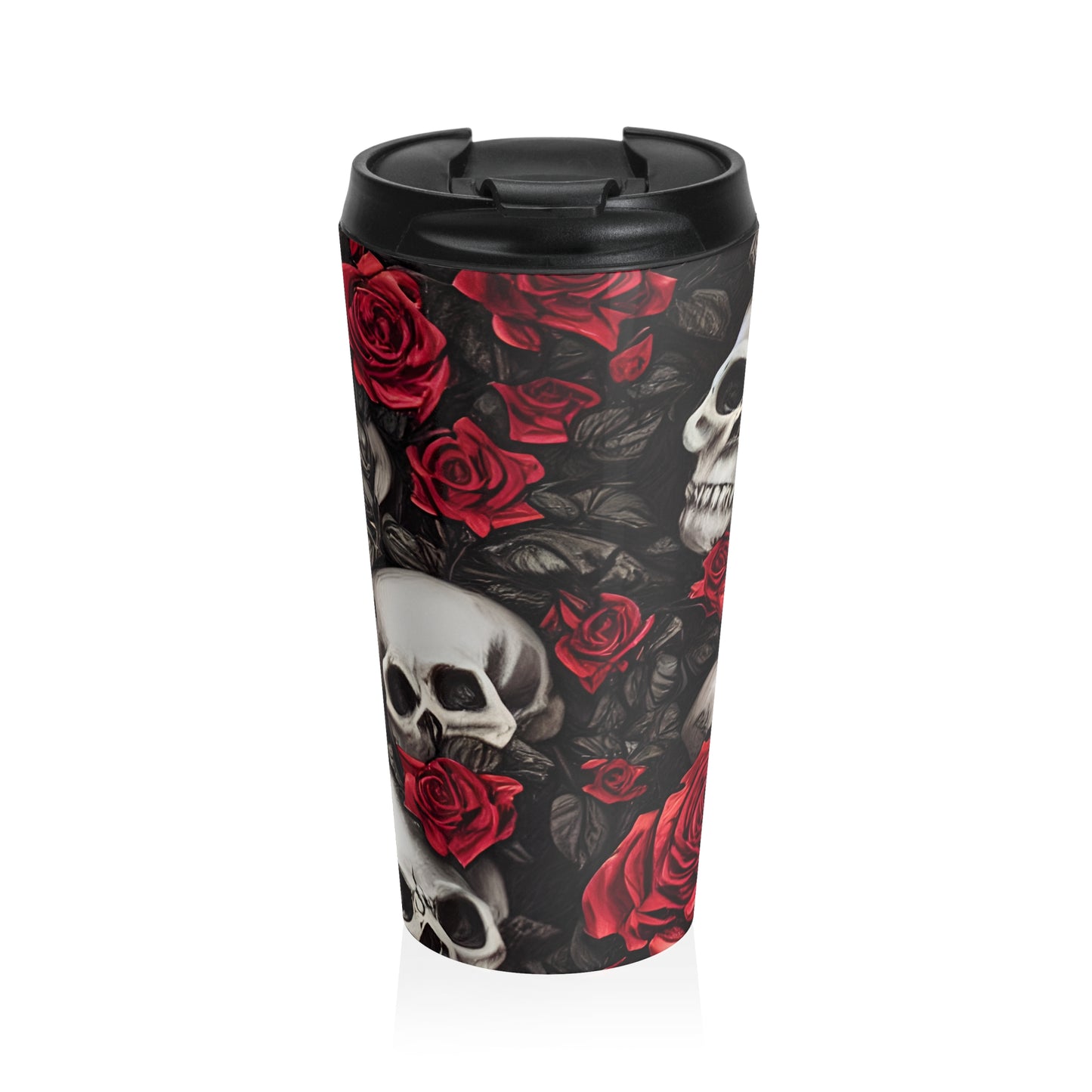 Hyper Realistic Skulls and Red Roses by artist Anne-Laure Goupil Stainless Steel Travel Mug