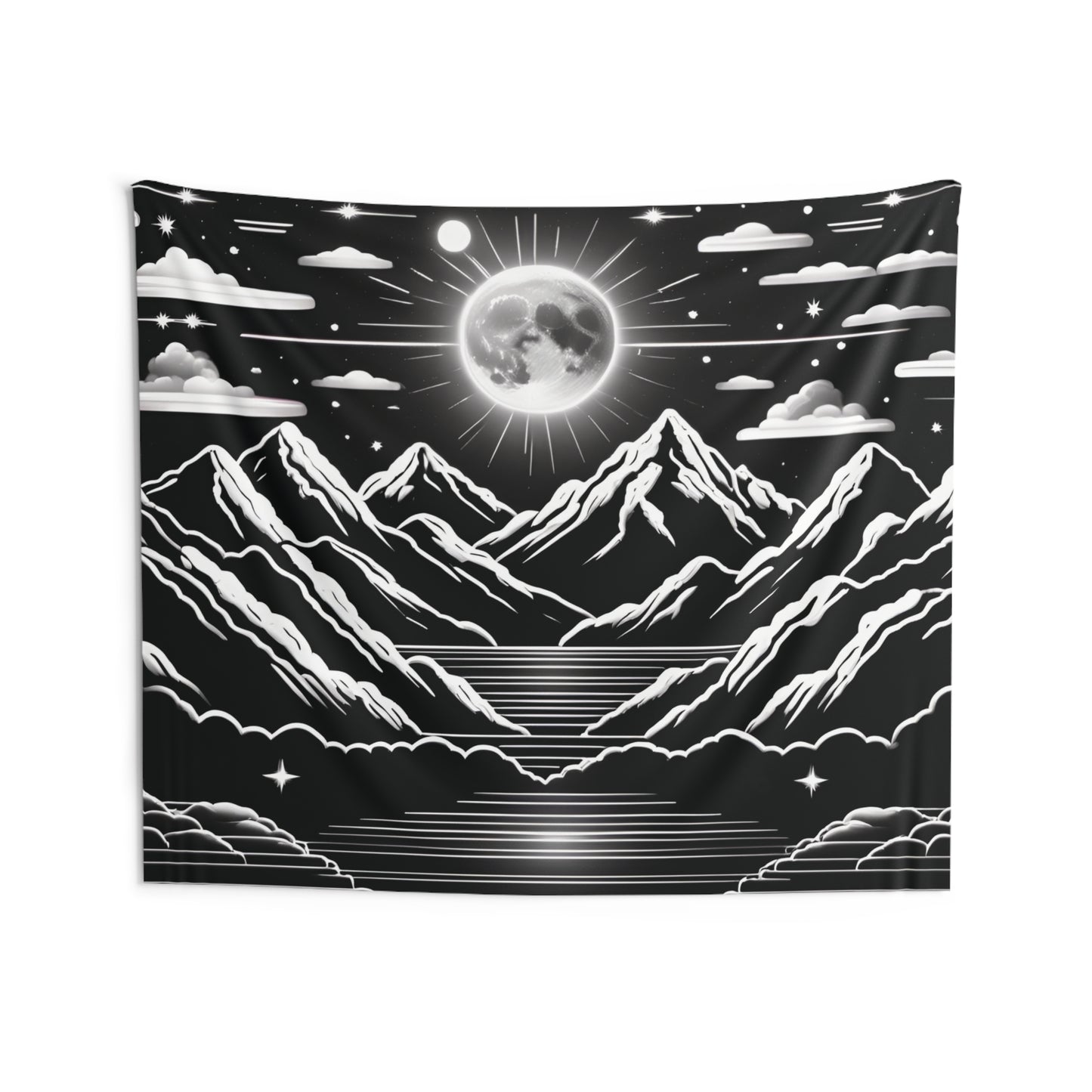 Mesmerizing Mountain Moonlight: Indoor Tapestry with Full Moon and Majestic Mountains