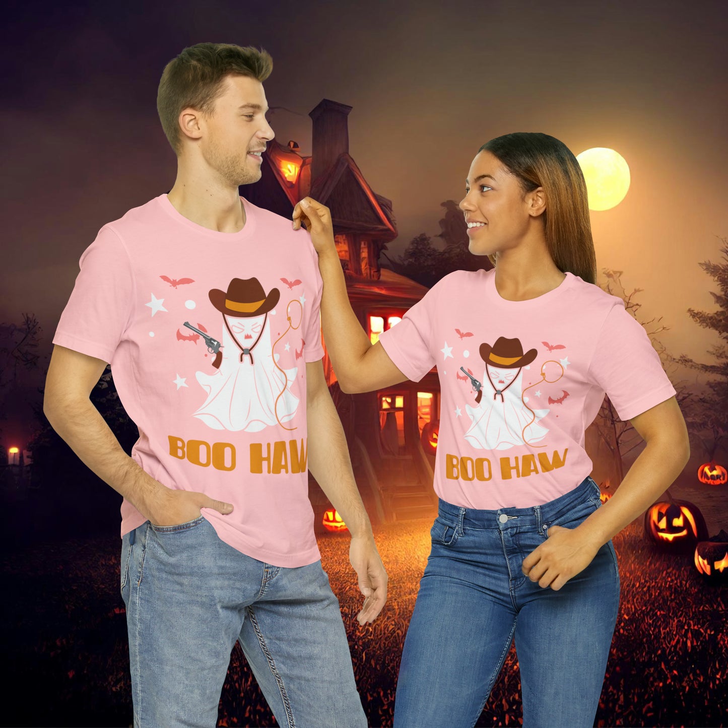 Ghost Cowboy Gunslinger saying Boo Haw Retro Western Halloween Unisex Jersey Short Sleeve Tee Gifts for Her Gifts for Him