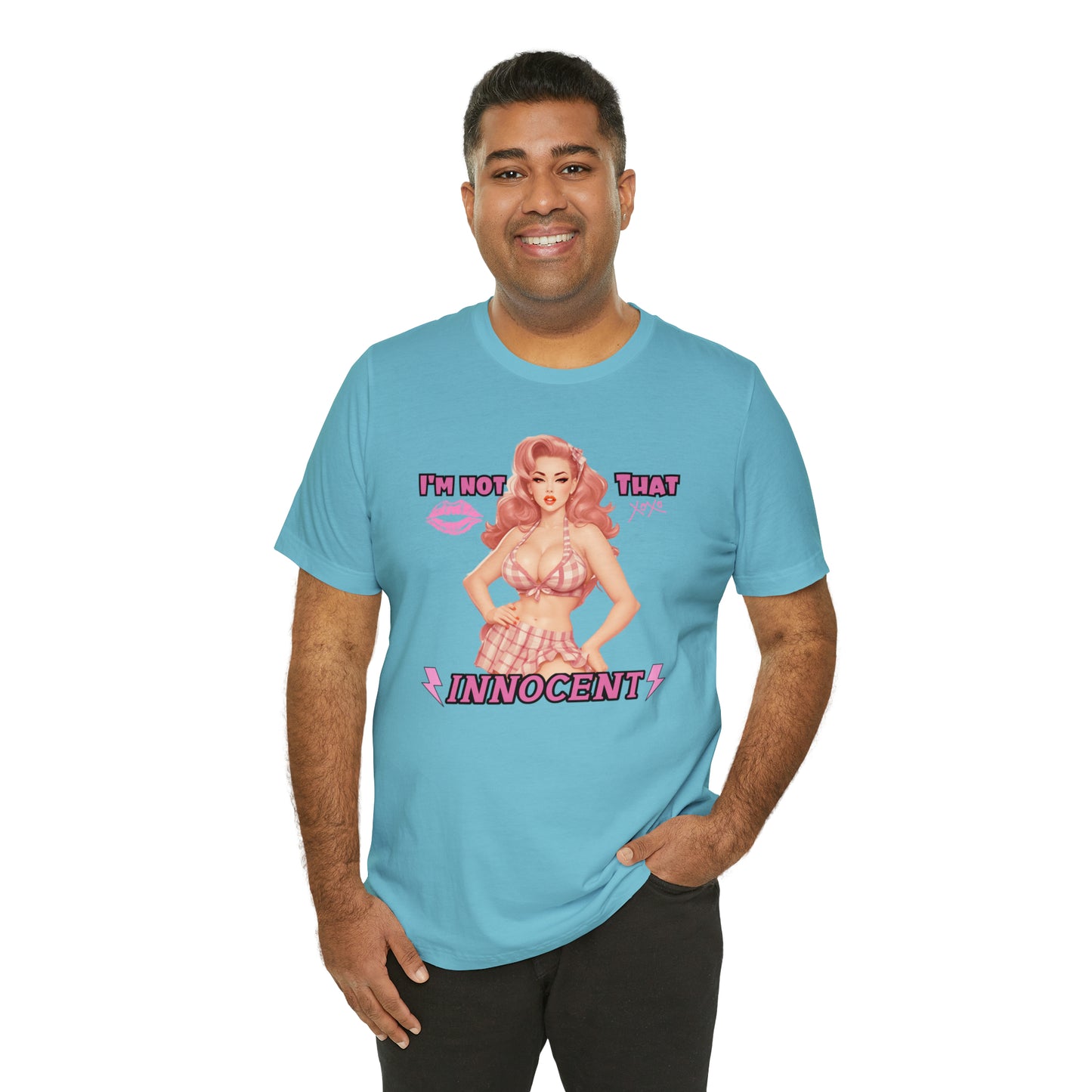 Timeless Elegance: Vintage Pink Pinup Girl "I'm not that Innocent on a Bella+Canva 3001 Unisex Jersey T-Shirt - A Must-Have Gift for her