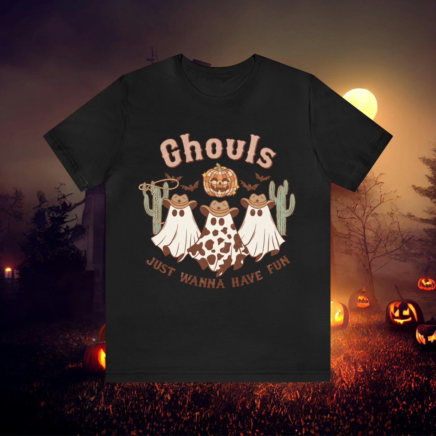 Ghouls Just wanna have fun Cowgirl Ghosts Retro Halloween Unisex Jersey Short Sleeve Tee Gifts for her