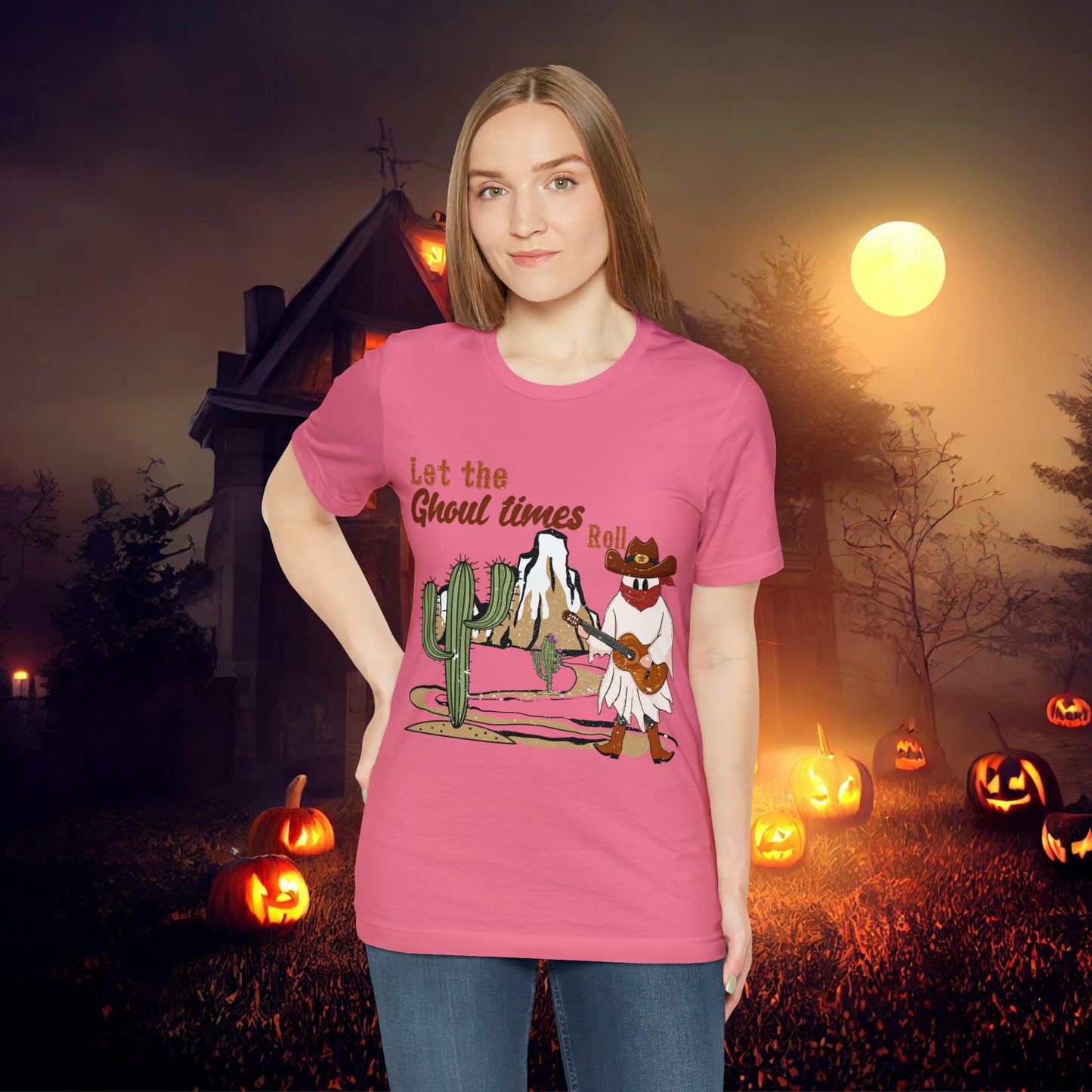 Cowboy Ghost playing the Guitar singing Let the Ghoul times roll Halloween Unisex Jersey Short Sleeve Tee Gifts for him Gifts for Her