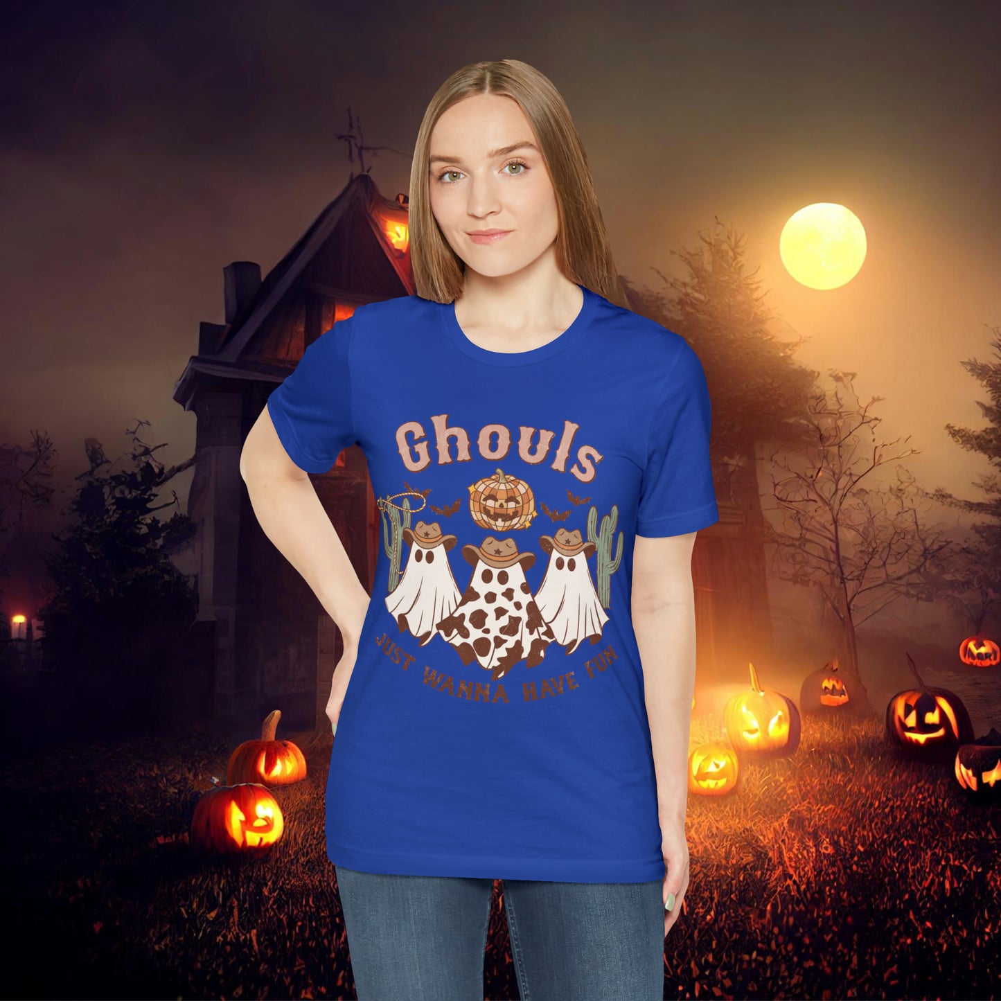 Ghouls Just wanna have fun Cowgirl Ghosts Retro Halloween Unisex Jersey Short Sleeve Tee Gifts for her