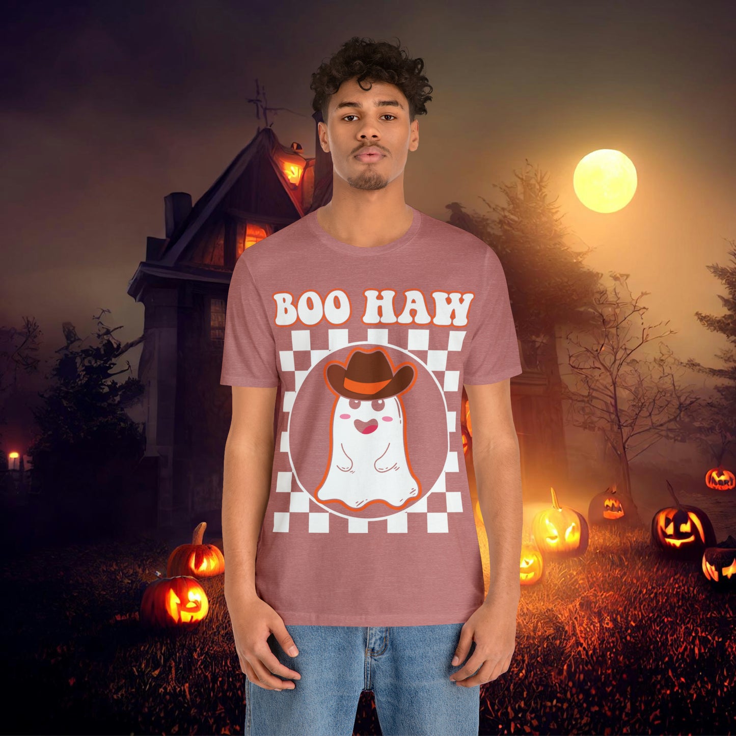 Cute Cowboy Ghost Saying Boo Haw Retro Groovy Western Halloween Unisex Jersey Short Sleeve Tee Gifts for Him Gifts For Her