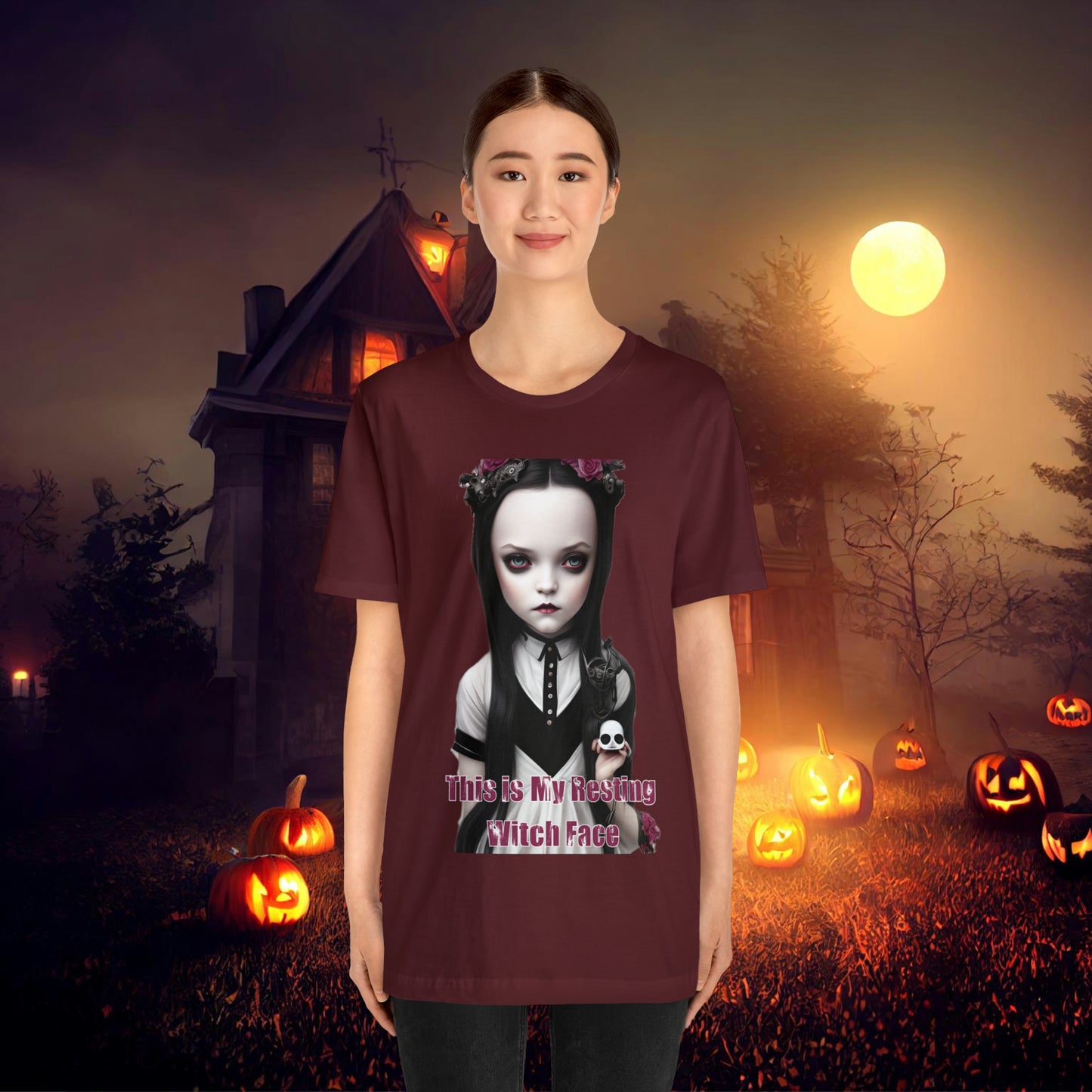 Wednesday Addams Chibi by Charlie Bowater This Is my Resting Witch Face Halloween Unisex Jersey Short Sleeve Tee