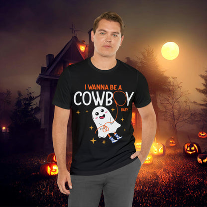 Little Ghost Saying I wanna be a cowboy baby Retro Groovy Western Halloween Unisex Jersey Short Sleeve Tee Gifts for Him Gifts for her.