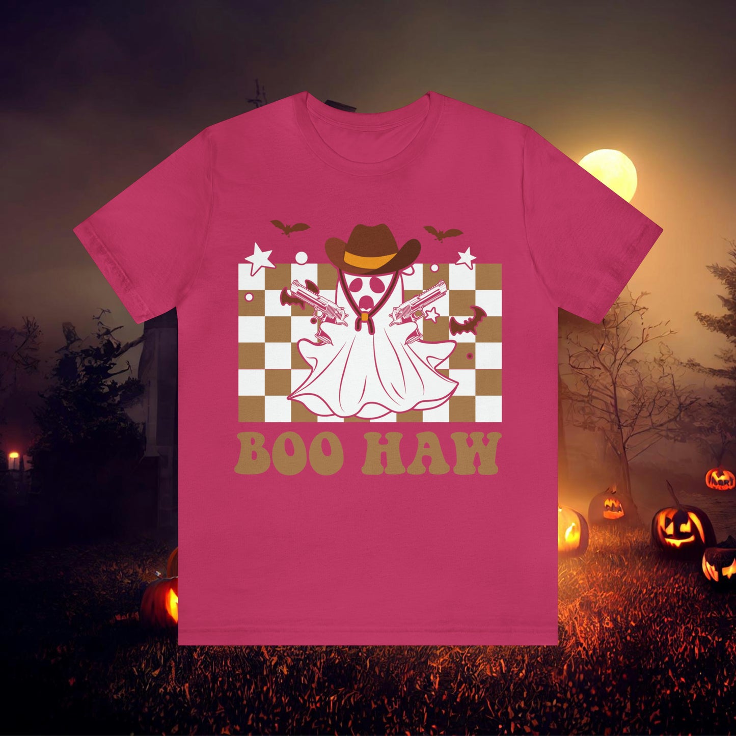 Cowboy Gunslinging Ghost saying Boo Haw Retro Western Halloween Unisex Jersey Short Sleeve Tee Gifts for Him Gifts for Her