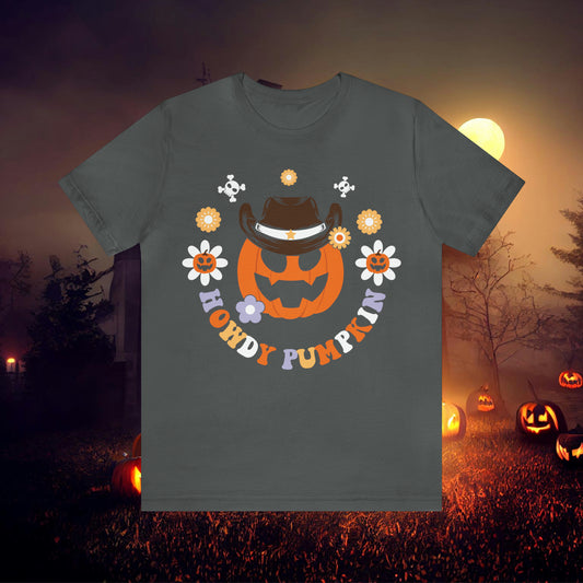 Howdy Pumpkin Jack O Lantern wearing a Cowboy Hat Retro Western Halloween Unisex Jersey Short Sleeve Tee Gifts for Him Gifts for Her