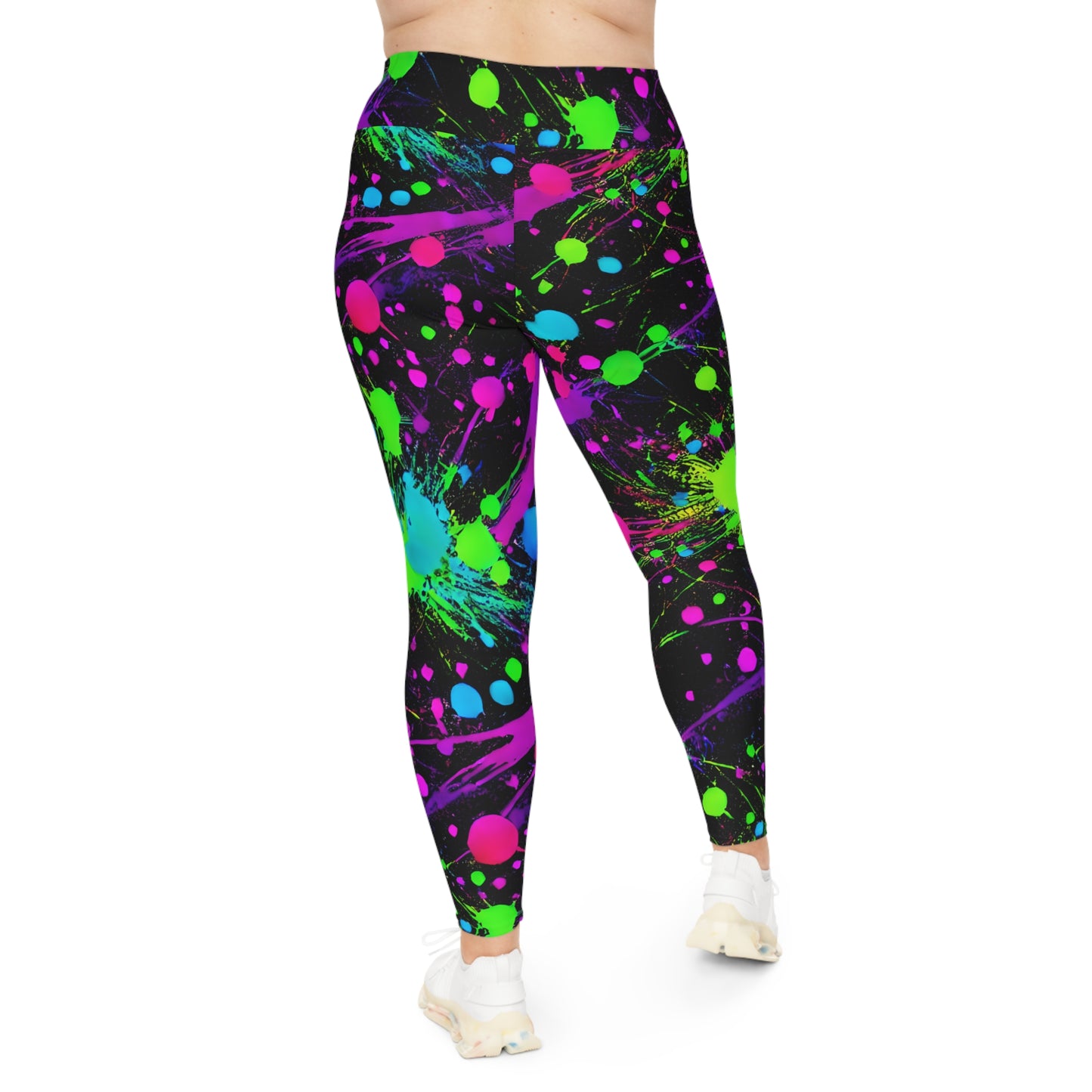 Plus Size Leggings with Green and Pink Paint Splatter (AOP) - Expressive Style for Every Body