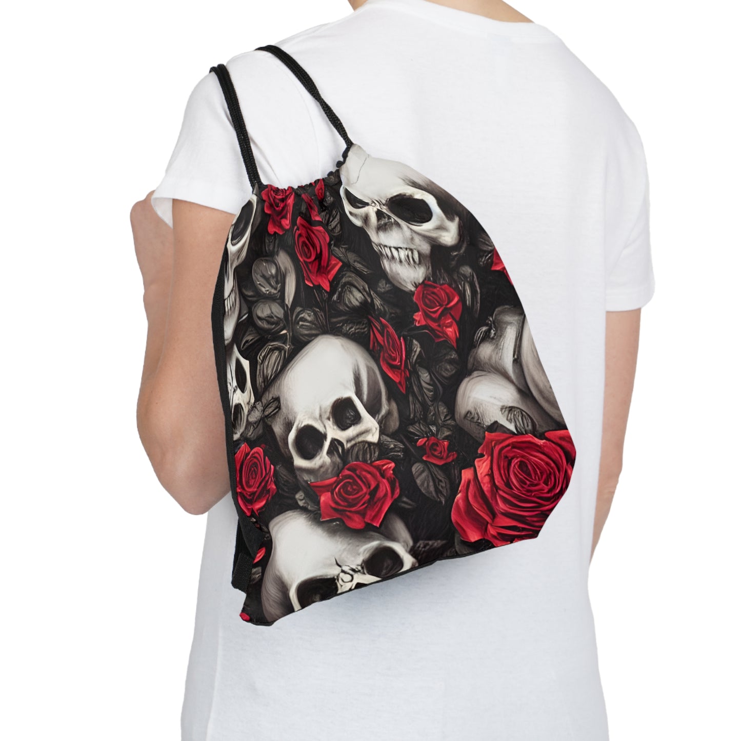 Hyper Realistic Skulls and Red Roses by artist Anne-Laure Outdoor Drawstring Bag