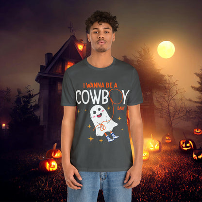 Little Ghost Saying I wanna be a cowboy baby Retro Groovy Western Halloween Unisex Jersey Short Sleeve Tee Gifts for Him Gifts for her.