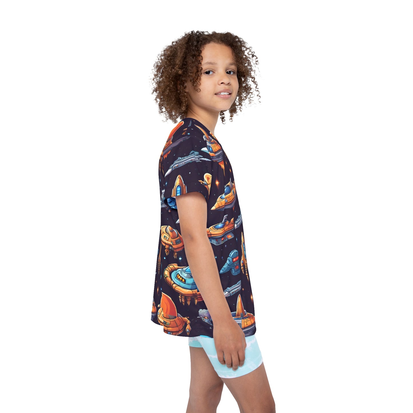 Launch into Playtime: All Over Print Kid Sport Jersey with Space Ships