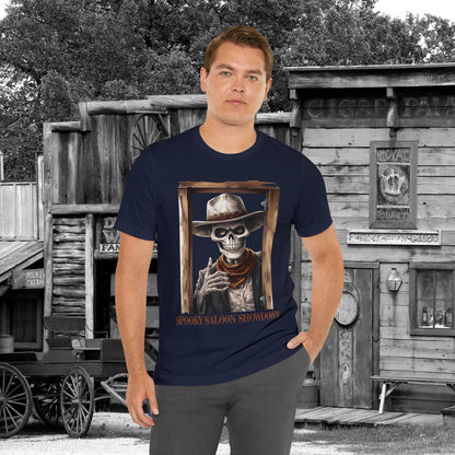 Spooky Saloon Showdown Gunslinging Skeleton Cowboy Halloween Unisex Jersey Short Sleeve Tee