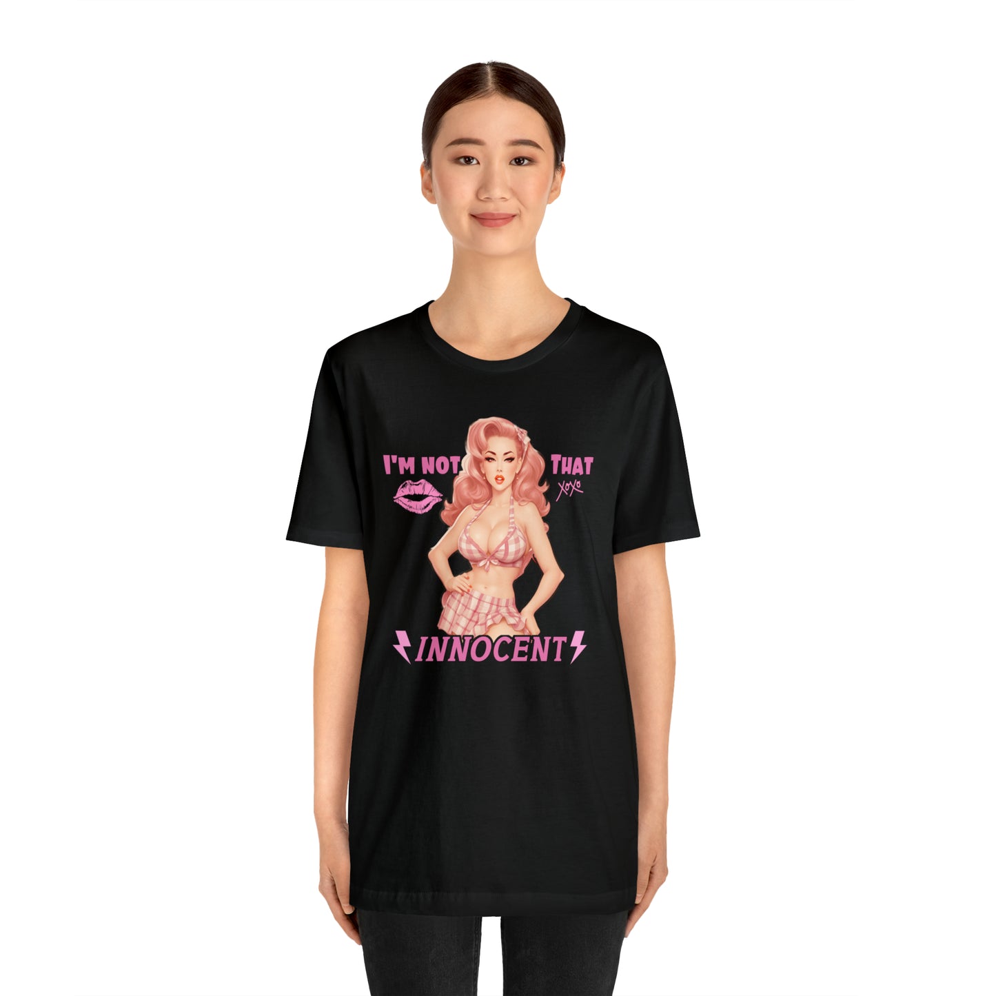 Timeless Elegance: Vintage Pink Pinup Girl "I'm not that Innocent on a Bella+Canva 3001 Unisex Jersey T-Shirt - A Must-Have Gift for her