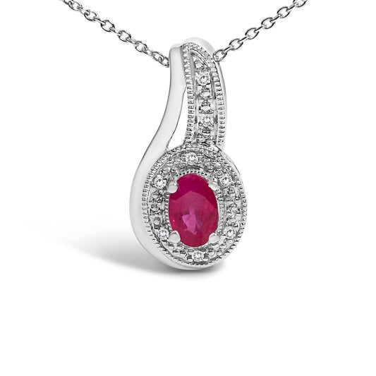 .925 Sterling Silver Red Ruby and Diamond Accent Milgrain Swirl Pendant Necklace - 18" Inches