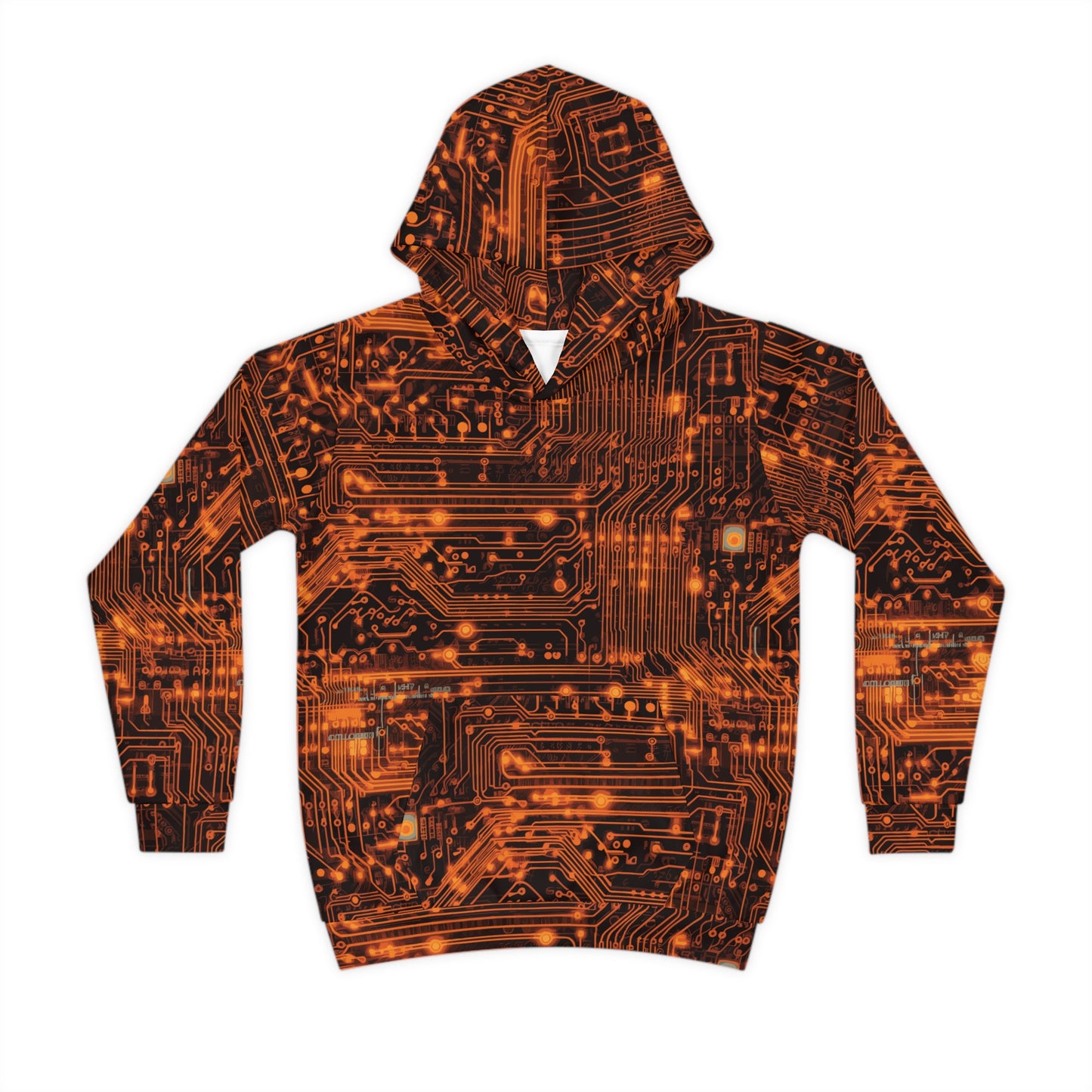 Tech Adventure Awaits: All Over Print Children's Hoodie with Orange Circuit Board and Robotic Bug Children's Hoodie (AOP)