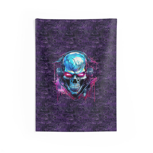 Cyber Punk Robotic Skull on Purple Neon Circuit Board Indoor Wall Tapestries