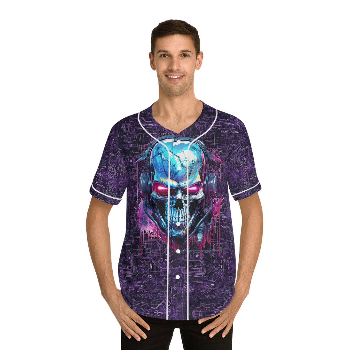 CyberPunk Cybernetic Skull breaking through a Purple Neon Circuit Board Men's Baseball Jersey (AOP)