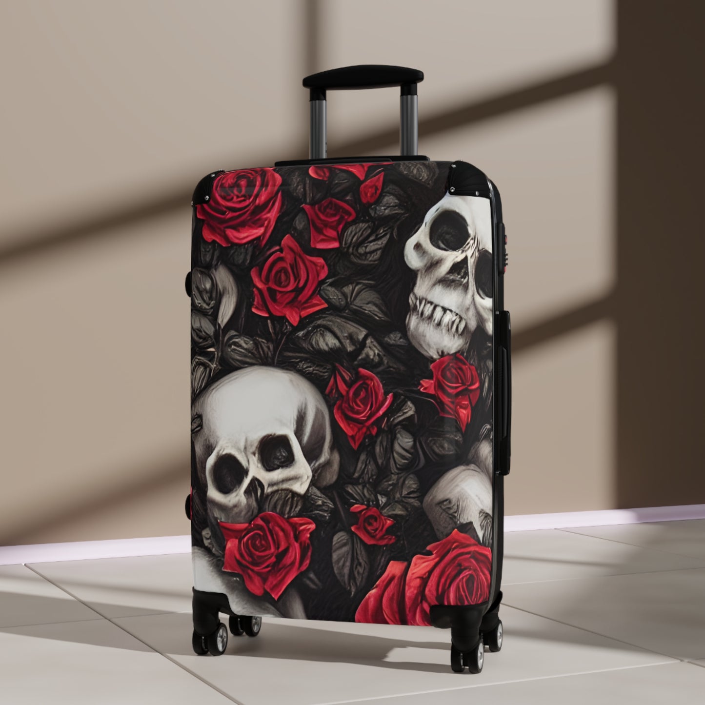 Hyper Realistic Skulls and Red Roses by artist Anne-Laure Goupil Suitcase