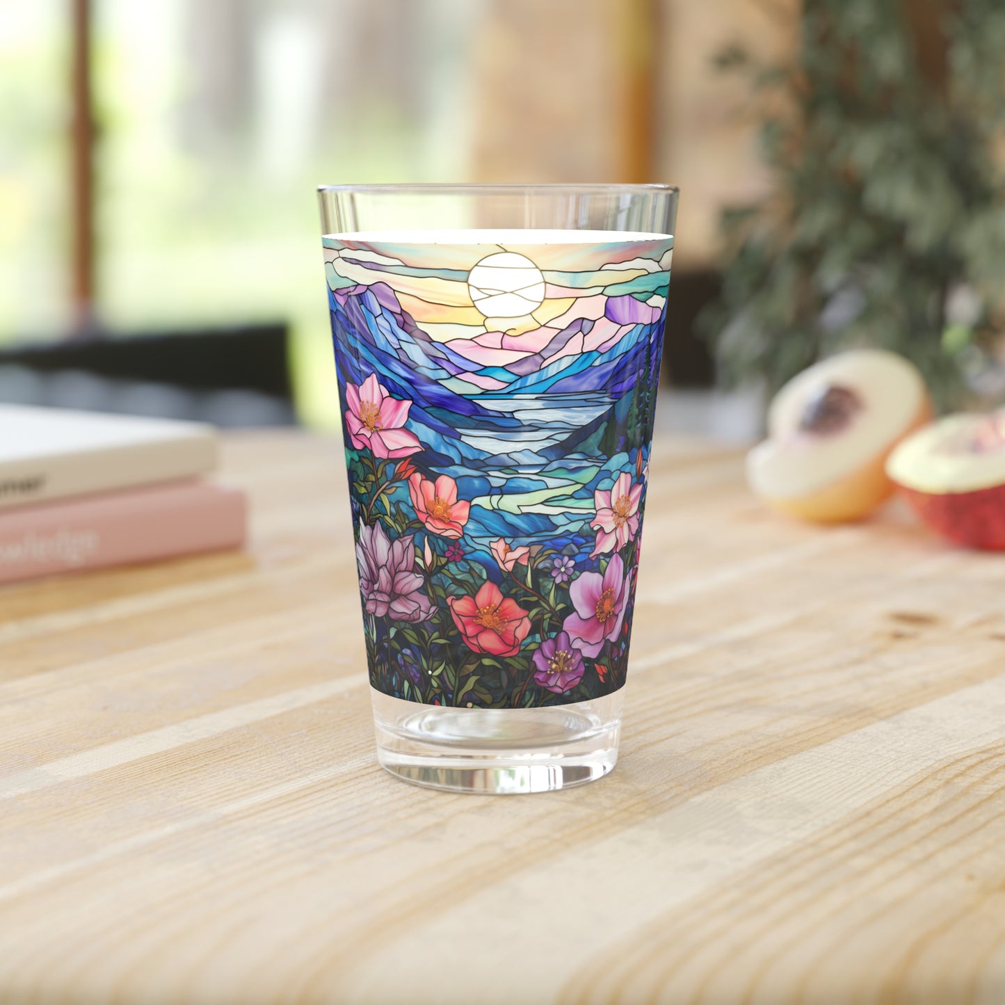 Mountain Creek Serenity, A Pink Floral Stained Glass artwork on a 16oz Pint Glass Gift idea, gifts for home decor, housewarming gift