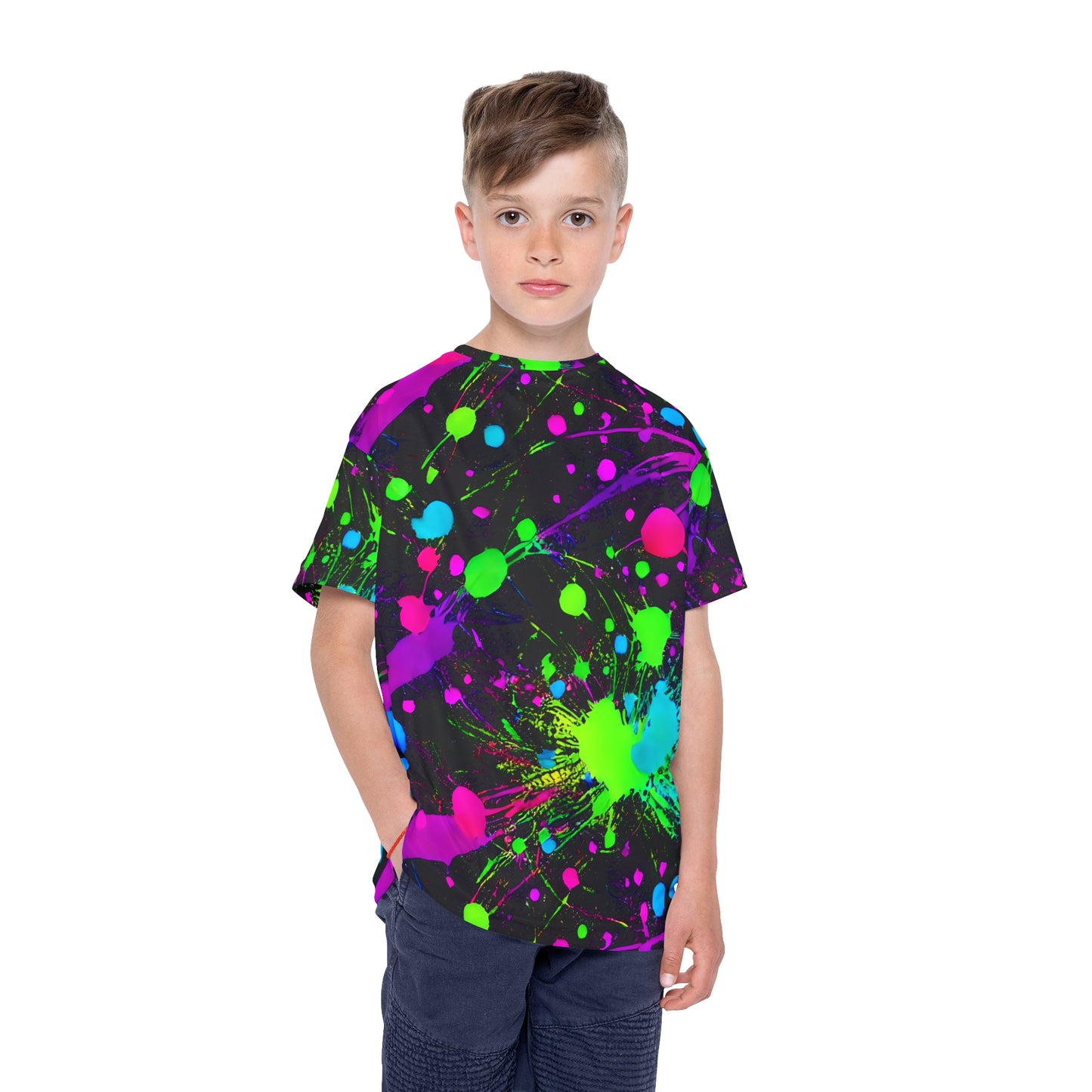 Expressive Play: All Over Print Kid Sport Jersey with Green and Pink Paint Splats