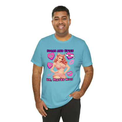 Sarcastic Elegance: Vintage Pink Pinup Girl "Sugar and Spice" on a Bella+Canva 3001 Unisex Jersey T-Shirt - A Must-Have Gift for her
