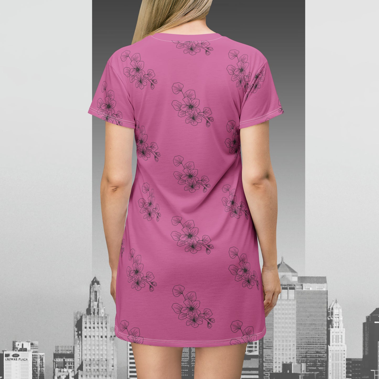 Floral Patter on pink T-Shirt Dress (AOP)