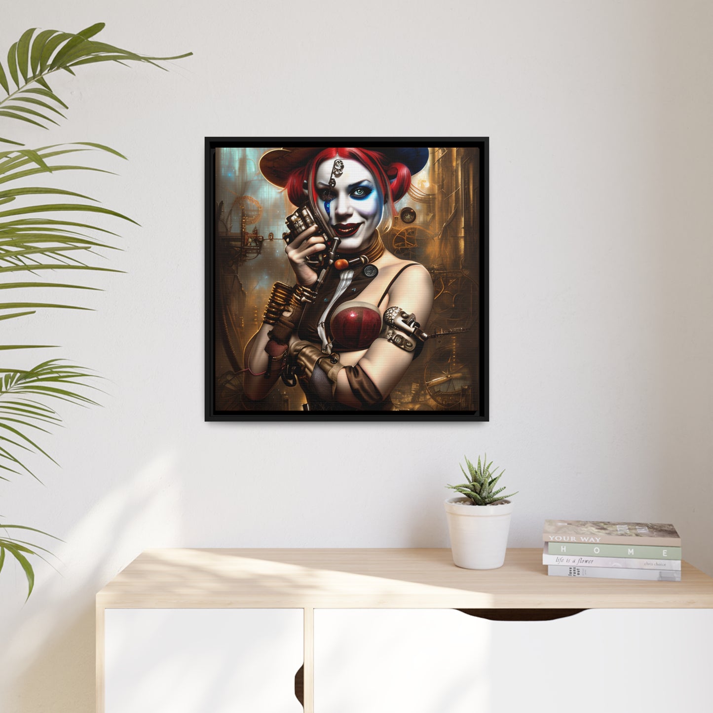 Hyper Realistic Steampunk Harley Quinn Matte Canvas, Black Frame