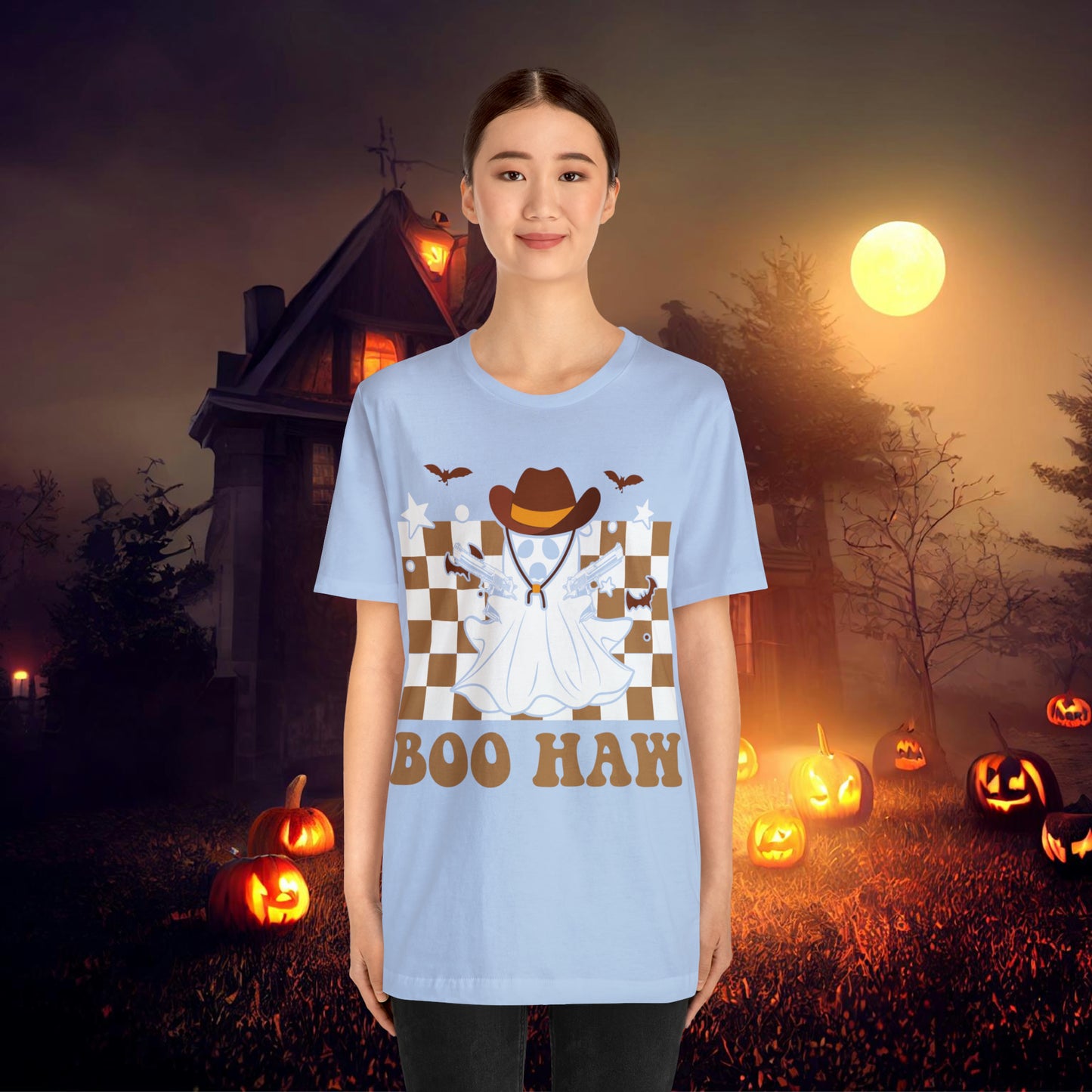 Cowboy Gunslinging Ghost saying Boo Haw Retro Western Halloween Unisex Jersey Short Sleeve Tee Gifts for Him Gifts for Her