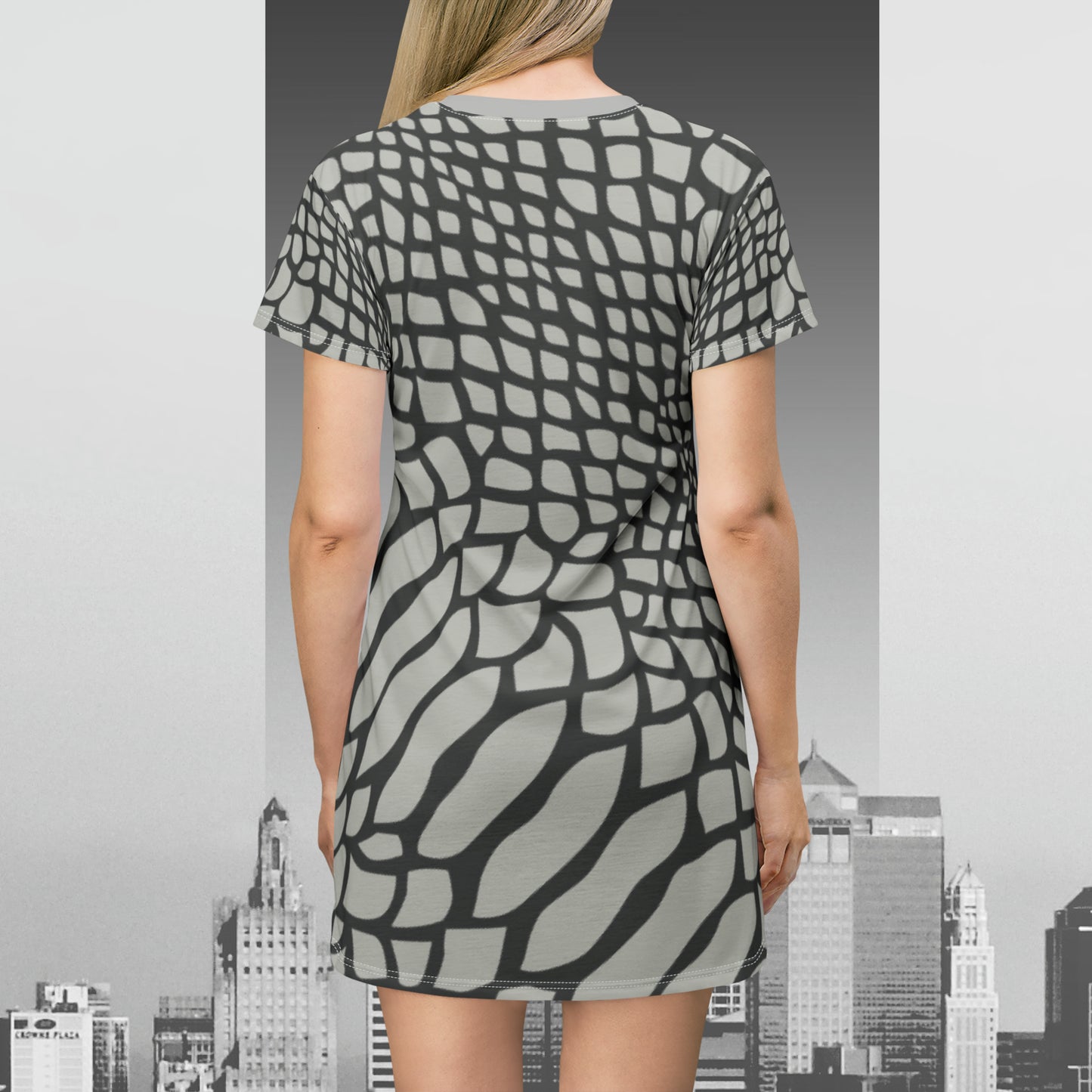 Light Grey Snakeskin Print T-Shirt Dress (AOP)