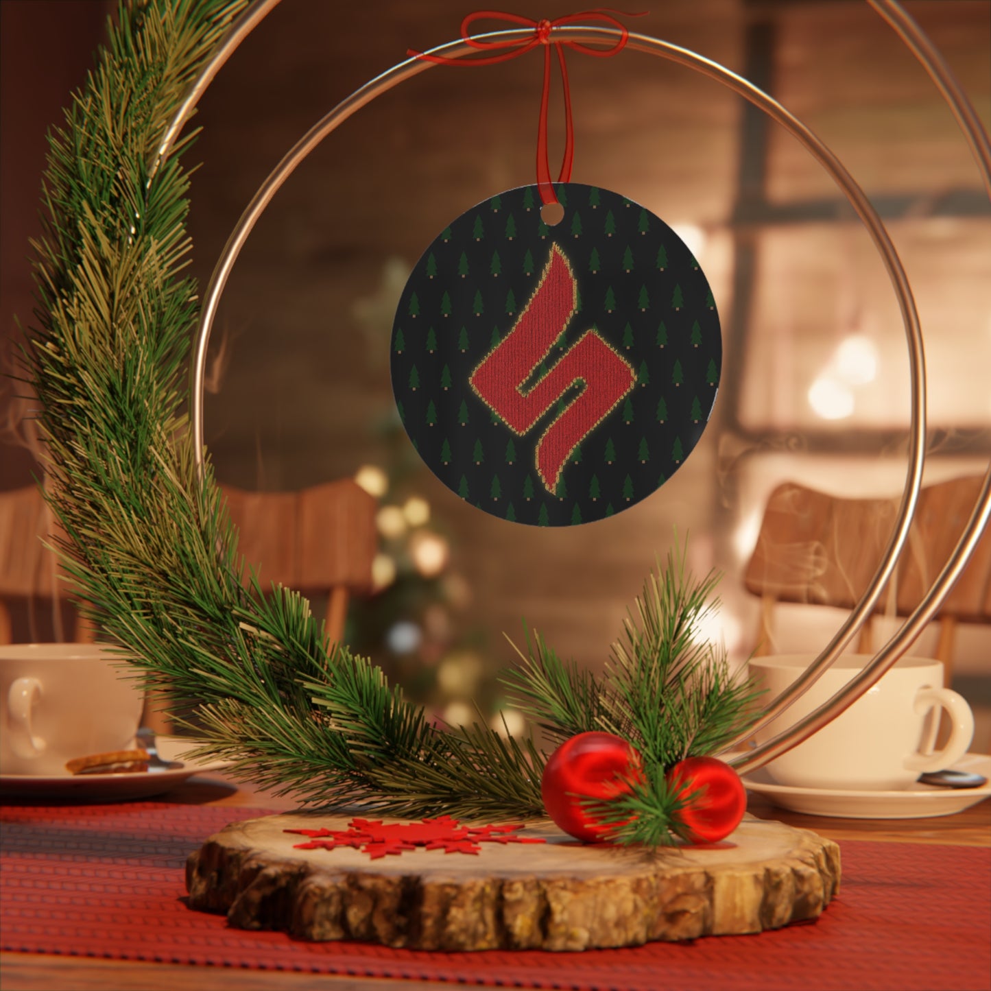 Sessmas Bell of Truth Approved by Shuli, Denied by Hack Comics Metal Ornament — Festive Shadow Figure & Red Emblem Holiday Bell Ornament