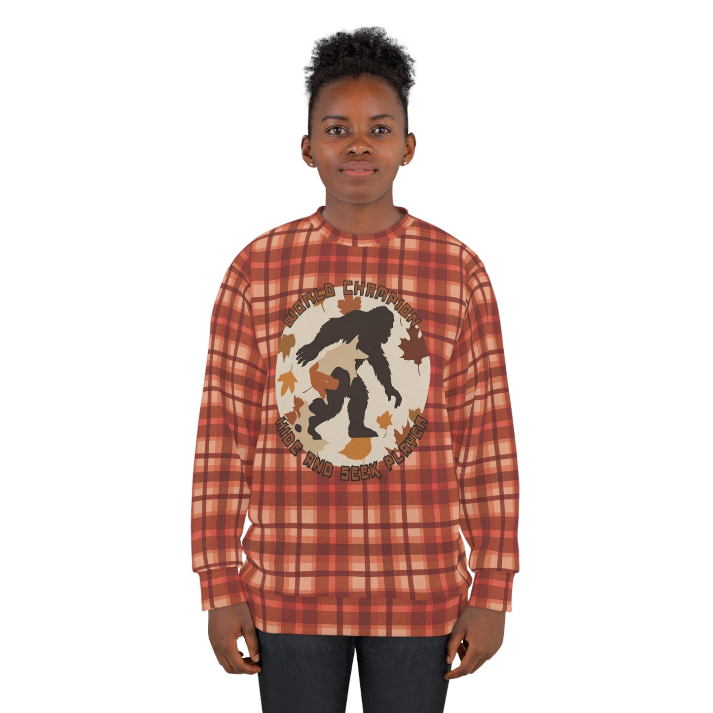 Bigfoot in Fall Leaves Unisex Fall Sweatshirt (AOP) - World Champion Hide and Seek Player