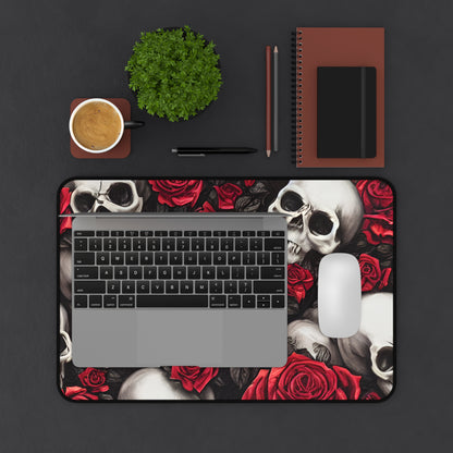 Hyper Realistic Skulls and Red Roses by artist Anne-Laure Goupil Desk Mat
