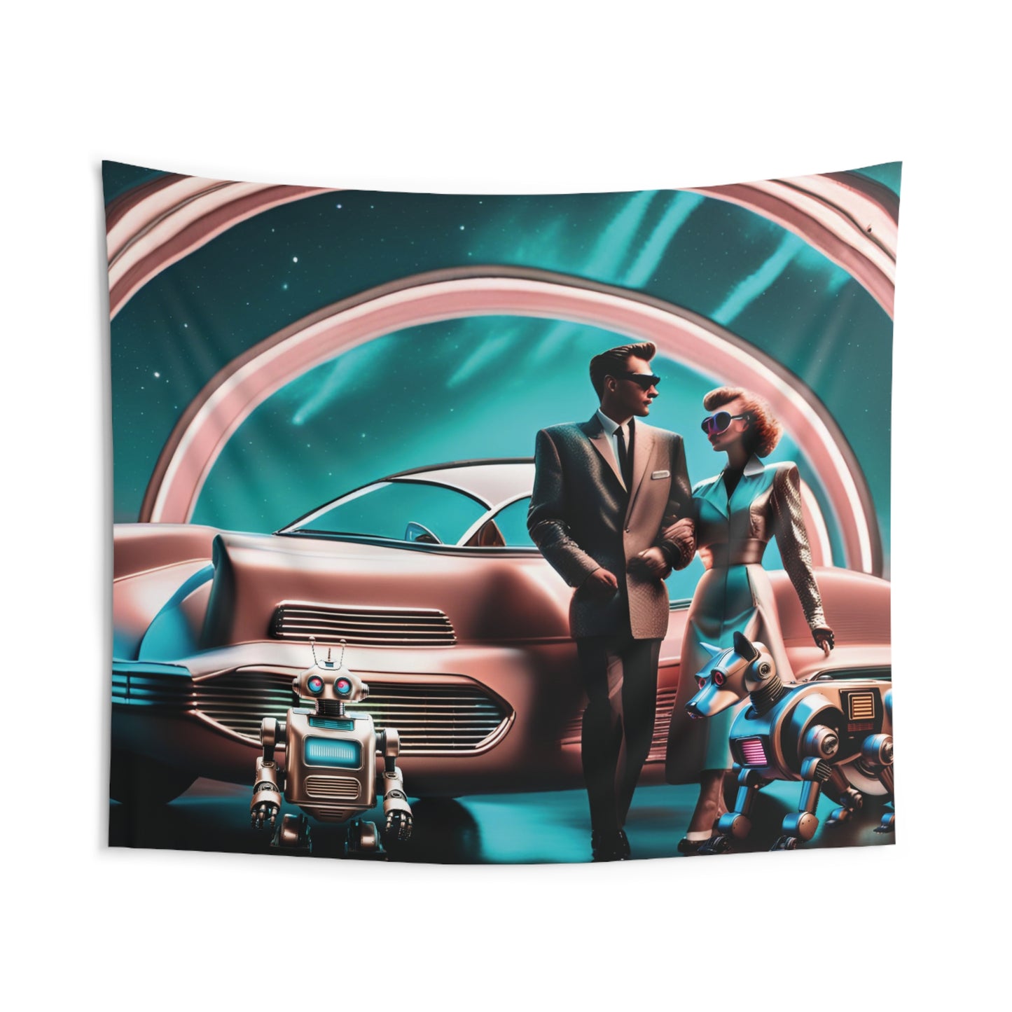 Retro-Futuristic Romance: Indoor Tapestry of a 50's Couple in a Futuristic World