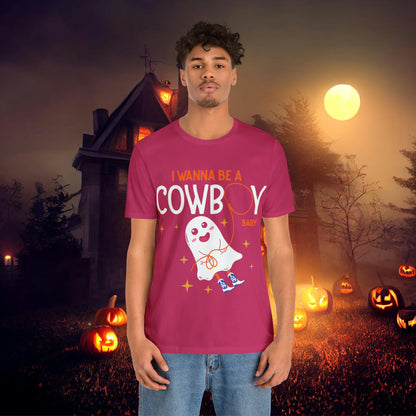 Little Ghost Saying I wanna be a cowboy baby Retro Groovy Western Halloween Unisex Jersey Short Sleeve Tee Gifts for Him Gifts for her.