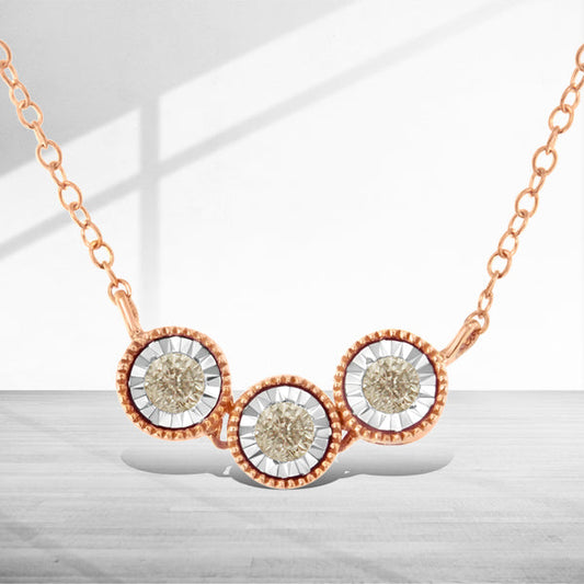 10K Rose and White Gold Plated .925 Sterling Silver 1/4 Cttw Miracle-Set Champagne Diamond Triple Circle 18" Necklace (I2-I3 Clarity)