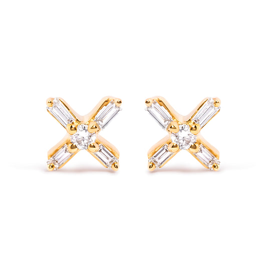 10K Yellow Gold 1/10 Cttw Round and Baguette Diamond Criss Cross X Stud Earring (H-I Color, I1-I2 Clarity)
