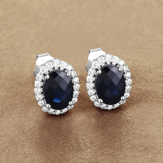 2.16 Carat Genuine Blue Sapphire and White Diamond 14K White Gold Earrings