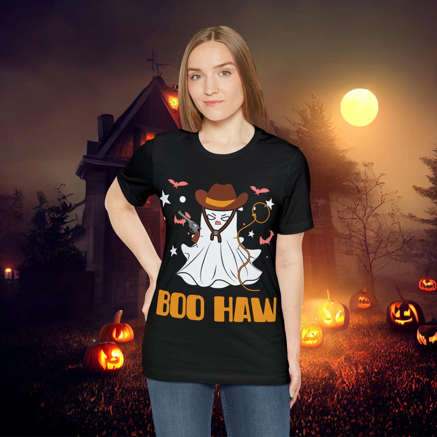 Ghost Cowboy Gunslinger saying Boo Haw Retro Western Halloween Unisex Jersey Short Sleeve Tee Gifts for Her Gifts for Him