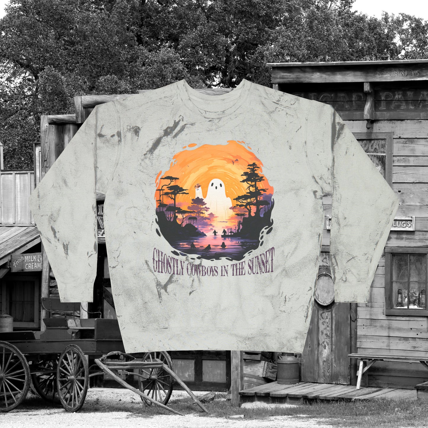 Ghostly Cowboys In the Sunset Western Halloween Unisex Color Blast Crewneck Sweatshirt Gifts for Her Gifts for Him