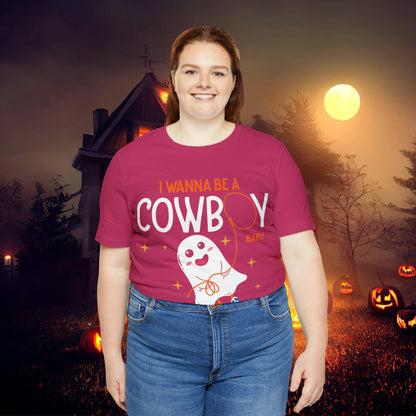 Little Ghost Saying I wanna be a cowboy baby Retro Groovy Western Halloween Unisex Jersey Short Sleeve Tee Gifts for Him Gifts for her.