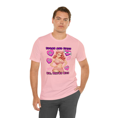Sarcastic Elegance: Vintage Pink Pinup Girl "Sugar and Spice" on a Bella+Canva 3001 Unisex Jersey T-Shirt - A Must-Have Gift for her