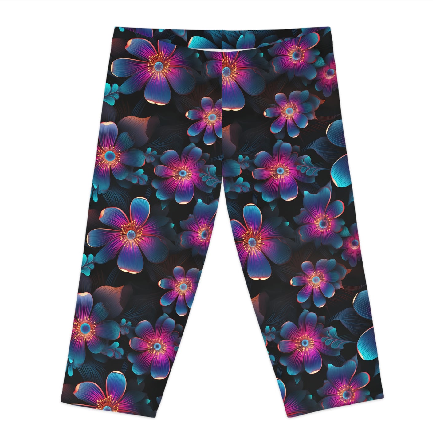 Women's Capri Leggings with Neon Flower Pattern - Vibrant AOP Activewear