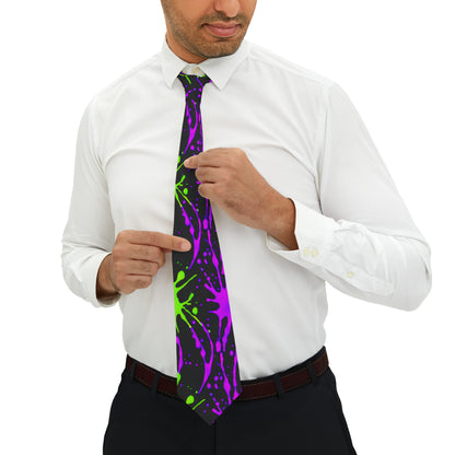 "DirkyThreadz Neon Splatter Necktie - Bold Green & Purple Artistic Design"